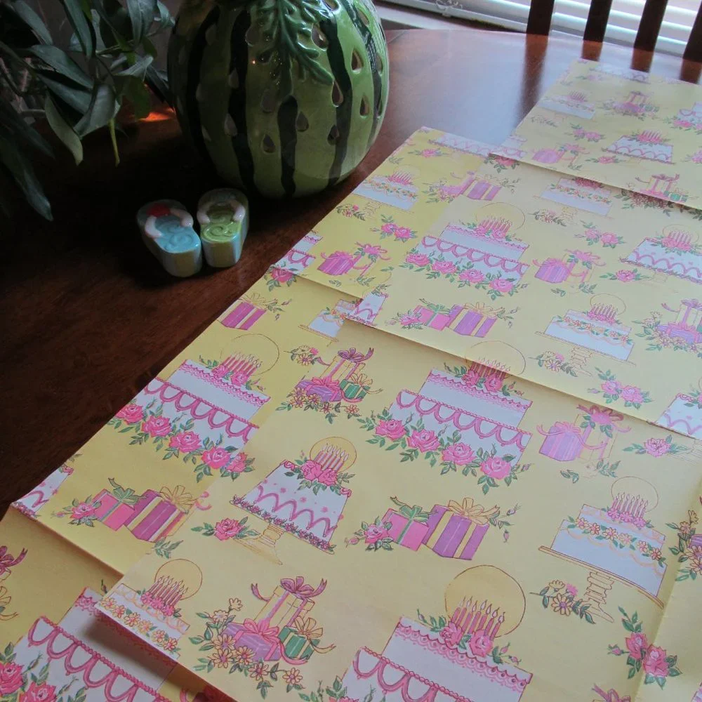 Vintage Gift Wrap Paper Celebration Wedding ~ Cakes, Candles & Presents 2 Sheets